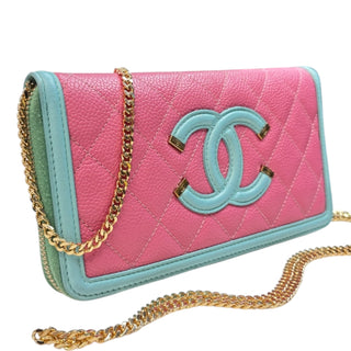 CHANEL Pink & Teal Caviar Leather Filigree Zip Wallet Chanel
