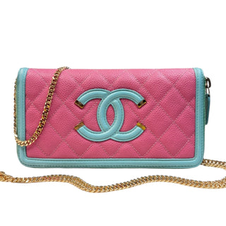CHANEL Pink & Teal Caviar Leather Filigree Zip Wallet Chanel