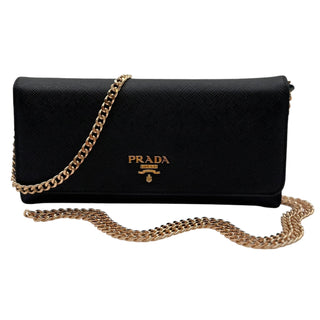 PRADA Black Saffiano Leather Wallet with Chain Prada