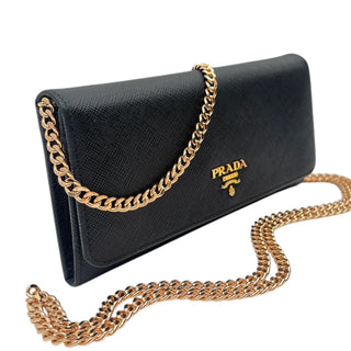 PRADA Black Saffiano Leather Wallet with Chain Prada