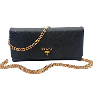 PRADA Black Saffiano Leather Wallet with Chain Prada