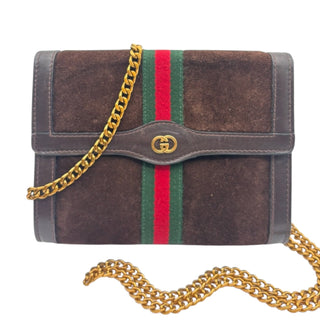 GUCCI Small Brown Suede Ophidia Clutch with Chain Gucci