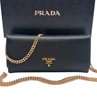 PRADA Black Vitello Move Leather Wallet/Card Holder with Added Chain Prada