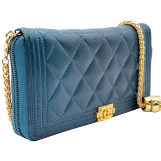 CHANEL Indigo Calfskin Quilted Stitch Boy Zip Wallet Chanel