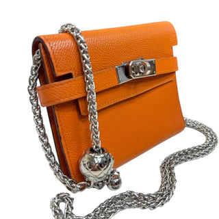 HERMES Orange Clemence Leather Trifold Compact Kelly Wallet with Chain Hermes