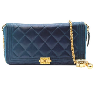 CHANEL Indigo Calfskin Quilted Stitch Boy Zip Wallet Chanel