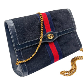 GUCCI Medium Navy Suede Ophidia Clutch with Strap & Chain Gucci