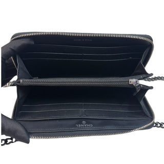 CHANEL Black Patent Leather Double Stitch Quilted Zip Wallet Chanel