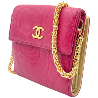 CHANEL Pink Lambskin Camellia Compact Wallet Chanel