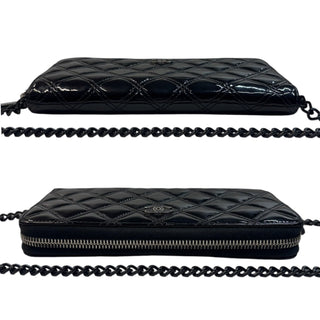 CHANEL Black Patent Leather Double Stitch Quilted Zip Wallet Chanel