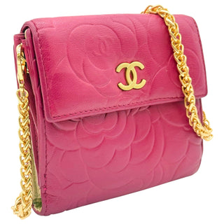 CHANEL Pink Lambskin Camellia Compact Wallet Chanel