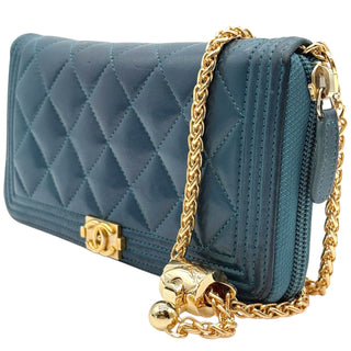 CHANEL Indigo Calfskin Quilted Stitch Boy Zip Wallet Chanel