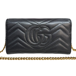 GUCCI Black Leather GG Marmont Wallet with Chain