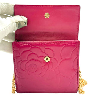 CHANEL Pink Lambskin Camellia Compact Wallet Chanel