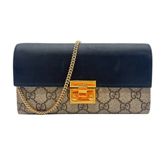 GUCCI Black Leather and Coated Canvas GG Supreme Padlock Wallet on Chain Gucci