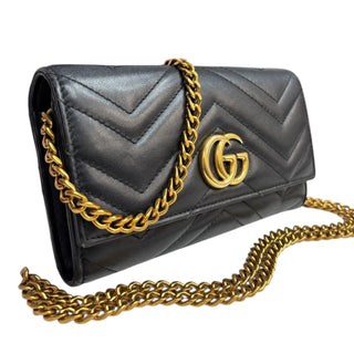 GUCCI Black Leather GG Marmont Wallet with Chain