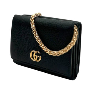 GUCCI Black Leather GG Marmont Compact Wallet with Adjustable Chain Gucci
