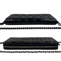 CHANEL Black Patent Leather Quilted Zip Wallet Chanel