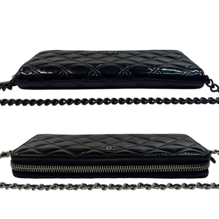CHANEL Black Patent Leather Quilted Zip Wallet Chanel