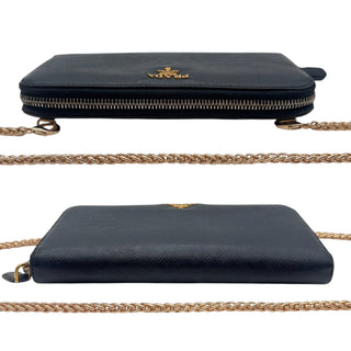 PRADA Black Leather Zip Wallet with Gold Crossbody Chain Prada