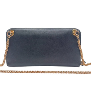 PRADA Black Leather Zip Wallet with Gold Crossbody Chain Prada