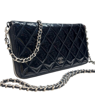 CHANEL Black Patent Leather Quilted Zip Wallet Chanel