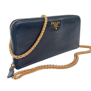 PRADA Black Leather Zip Wallet with Gold Crossbody Chain Prada
