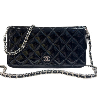 CHANEL Black Patent Leather Quilted Zip Wallet Chanel