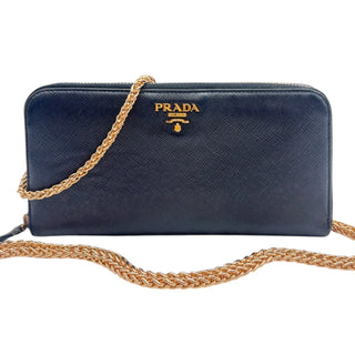 PRADA Black Leather Zip Wallet with Gold Crossbody Chain Prada