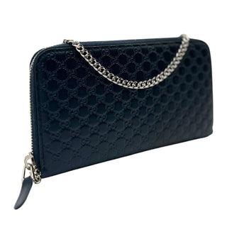 GUCCI Navy Leather Micro Guccissima Zip Wallet with Crossbody Chain Gucci
