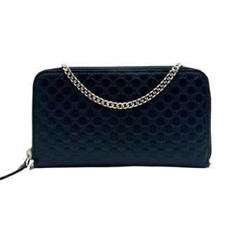 GUCCI Navy Leather Micro Guccissima Zip Wallet with Crossbody Chain Gucci