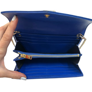 SAINT LAURENT Blue Leather Cassandra Clutch with added Gold Chain Saint Laurent