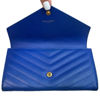 SAINT LAURENT Blue Leather Cassandra Clutch with added Gold Chain Saint Laurent