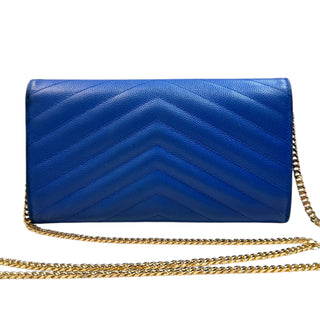 SAINT LAURENT Blue Leather Cassandra Clutch with added Gold Chain Saint Laurent