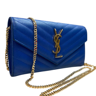 SAINT LAURENT Blue Leather Cassandra Clutch with added Gold Chain Saint Laurent