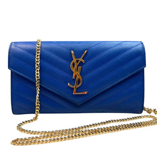 SAINT LAURENT Blue Leather Cassandra Clutch with added Gold Chain Saint Laurent