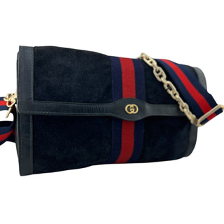 GUCCI Large Navy Suede Ophidia Clutch with added Strap & Chain Gucci