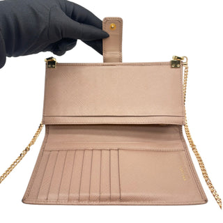 PRADA Beige Continental Saffiano Leather Wallet with Chain Prada