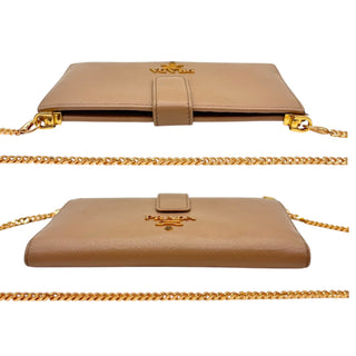 PRADA Beige Continental Saffiano Leather Wallet with Chain Prada
