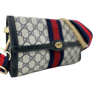 GUCCI Medium Navy Coated Canvas Ophidia Clutch with added Strap & Chain Gucci