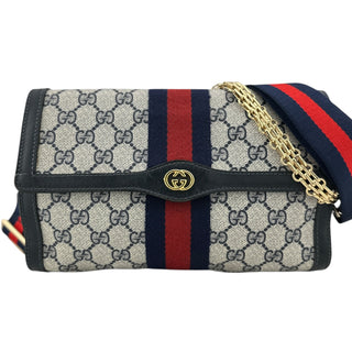 GUCCI Medium Navy Coated Canvas Ophidia Clutch with added Strap & Chain Gucci