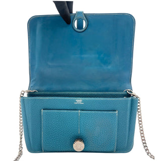 HERMES Blue Clemence Dogon Wallet with Unbranded Silver Chain Hermes