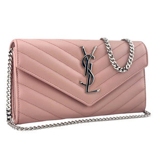 SAINT LAURENT Pink Grain de Poudre Chevron YSL Cassandra Clutch on Chain Saint Laurent