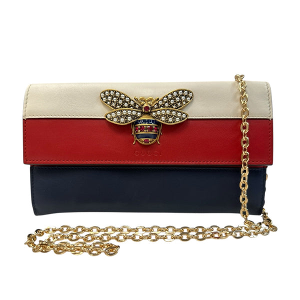 GUCCI Tri-Color Leather Queen Margaret Bee Wallet with Chain Gucci