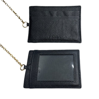 PRADA Black Saffiano Leather Triangle Wallet/Card Holder with Chain Prada