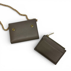CELINE Taupe Leather Compact Trifold Wallet/Card Holder with Adjustable Chain Celine
