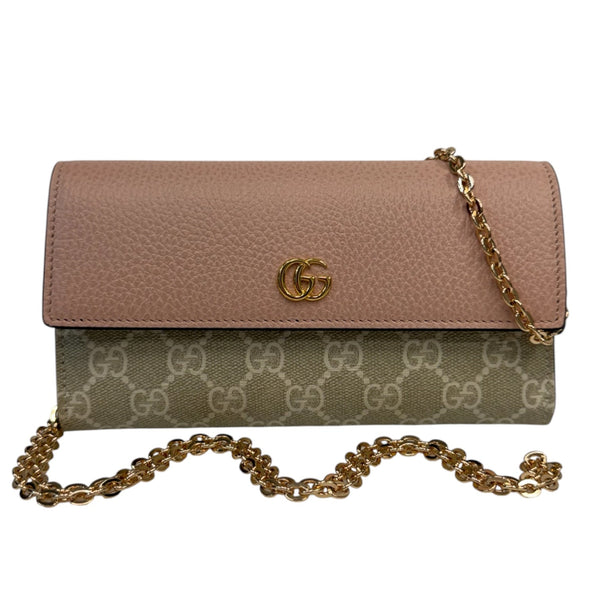 GUCCI Pink Leather/Coated Canvas GG Supreme Marmont Wallet with added Chain Gucci