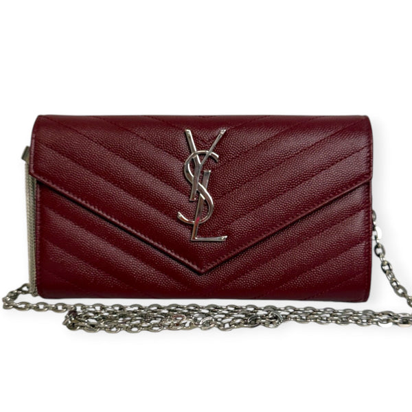 SAINT LAURENT Scarlet Red Grain de Poudre Chevron Cassandra YSL Clutch with Chain Saint Laurent