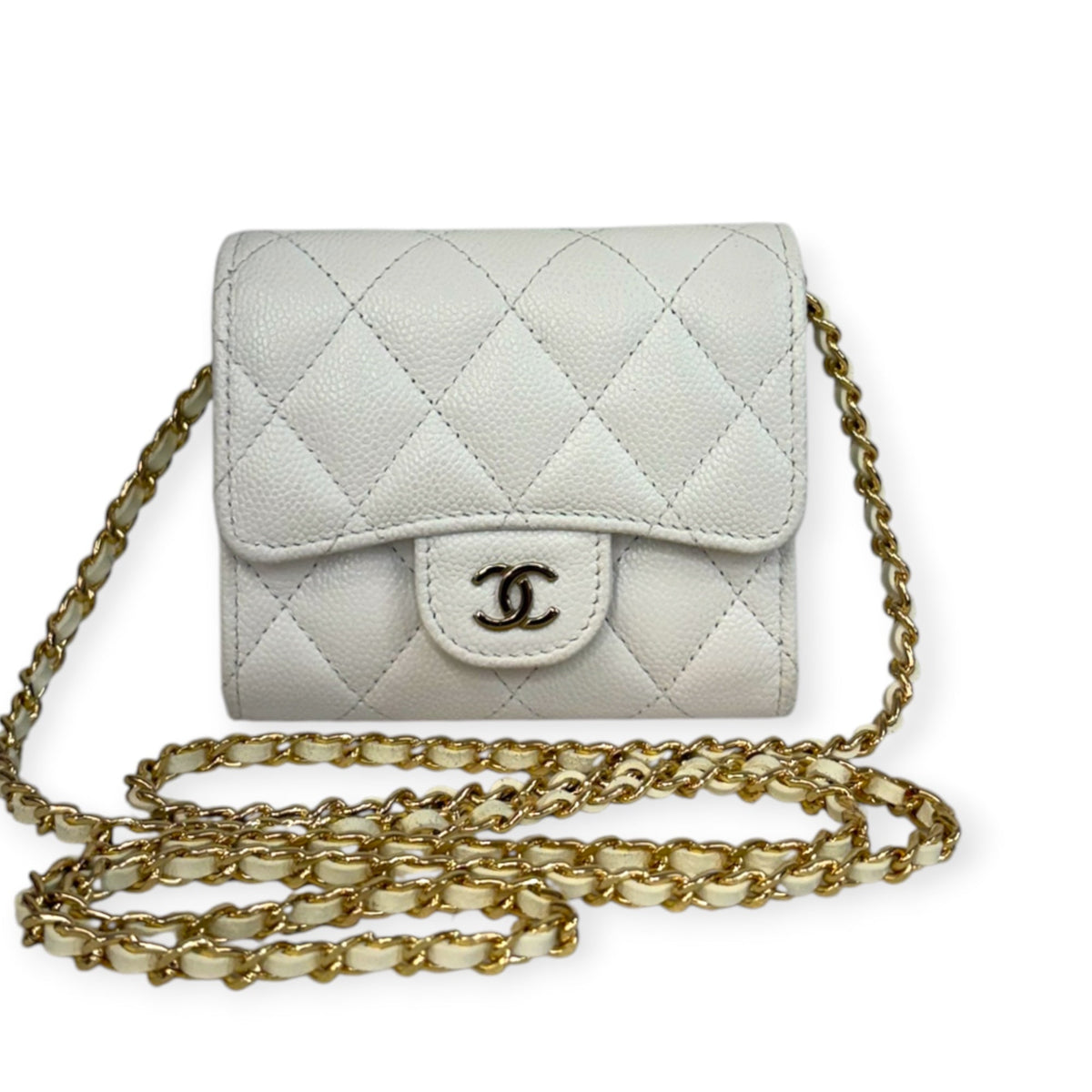 CHANEL White Caviar Leather GHW Compact Wallet Chanel