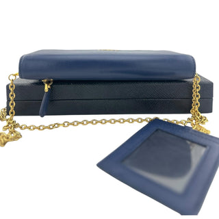 Preowned Prada Indigo Wallet and Detachable Card Holder with added Gold Crossbody Chain prada Prada